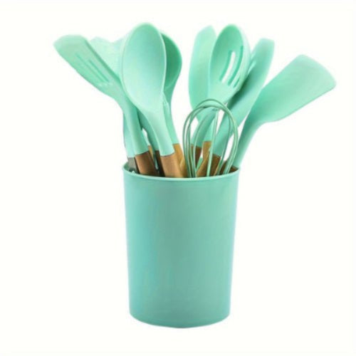 12-Piece Grey Silicone Kitchen Utensil Set with Holder – Heat Resistant - Modern Home & Kitchen
