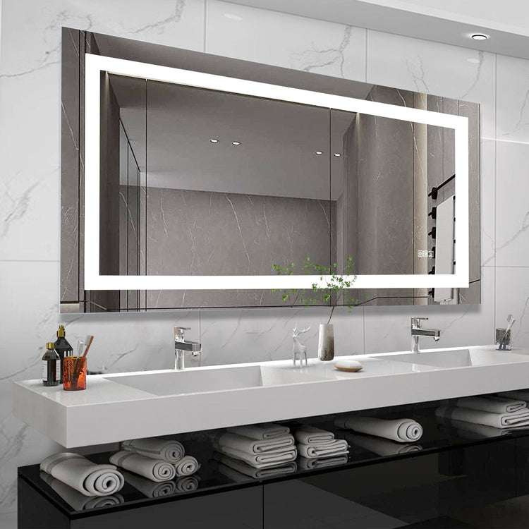 Modern large bathroom mirror with shatterproof glass and LED lights