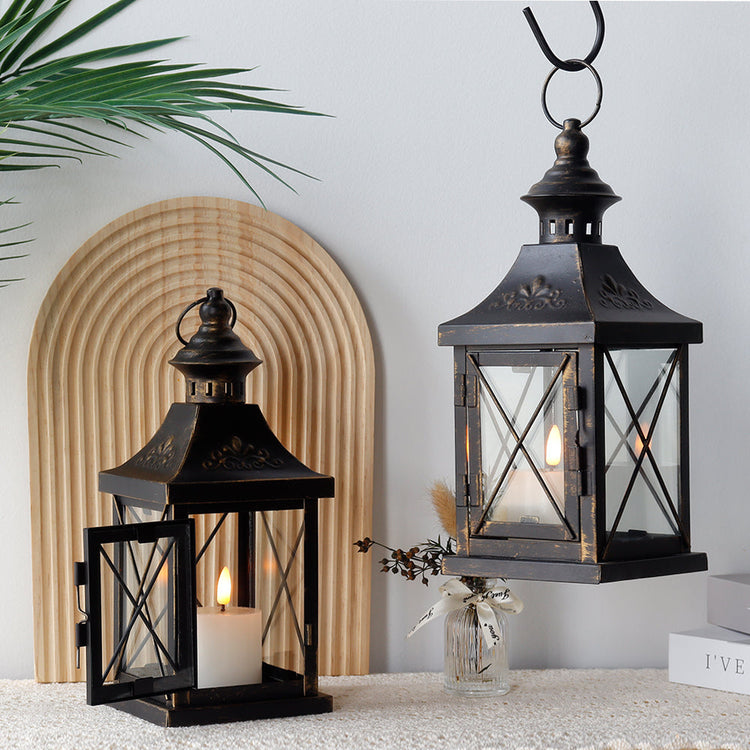 Black Candle Lanterns Set of 2 — 11" Metal and Glass Hanging Lanterns