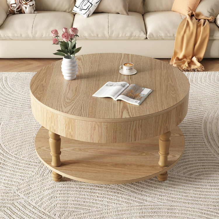 Round HouseOfZazla coffee table with lift-top design and dual storage compartments, made of wood, in a modern living room setting