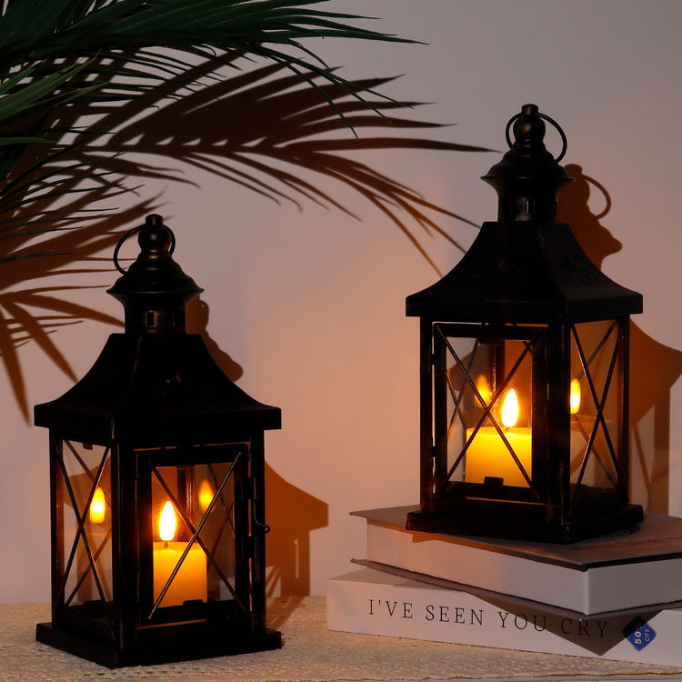 Black Candle Lanterns Set of 2 — 11" Metal and Glass Hanging Lanterns
