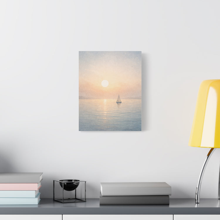 Sailboat sunrise coastal canvas wall art featuring a serene seascape print with neutral beach decor tones.