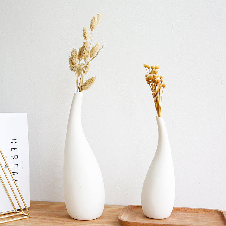 White ceramic water drop vase with dried flowers, modern design for home decor, by FLIPSTYLEZLLC.