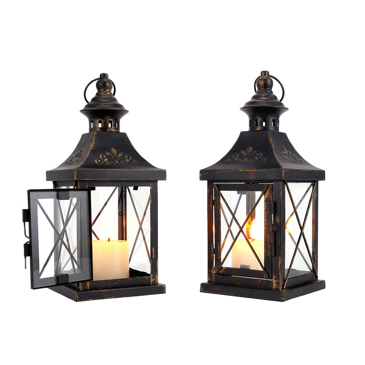 Black Candle Lanterns Set of 2 — 11" Metal and Glass Hanging Lanterns