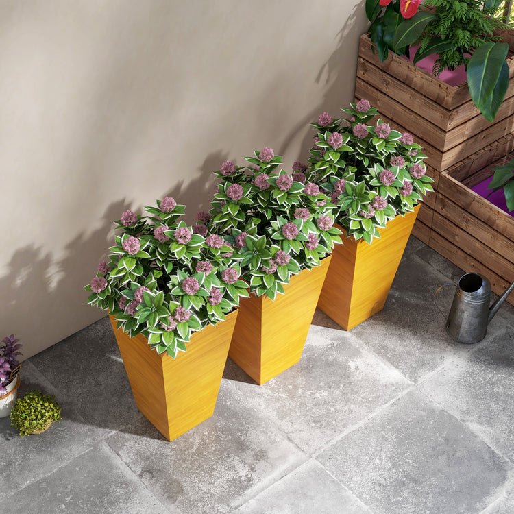 Set of three tan Outsunny outdoor garden planters by Gallery La La, featuring faux wood design and drainage holes for patio and garden.