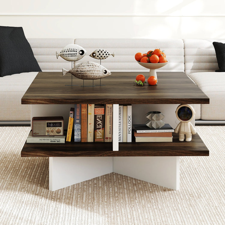 Walnut 2-tier square coffee table from DirectDeals with four storage compartments, modern design for living room use.