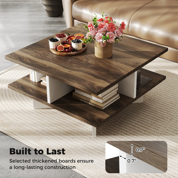 Walnut 2-tier square coffee table with four storage compartments, modern design, made by DirectDeals.