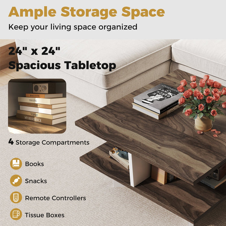 Walnut 2-tier square coffee table with four storage compartments, modern design, and sturdy wooden construction for living room.