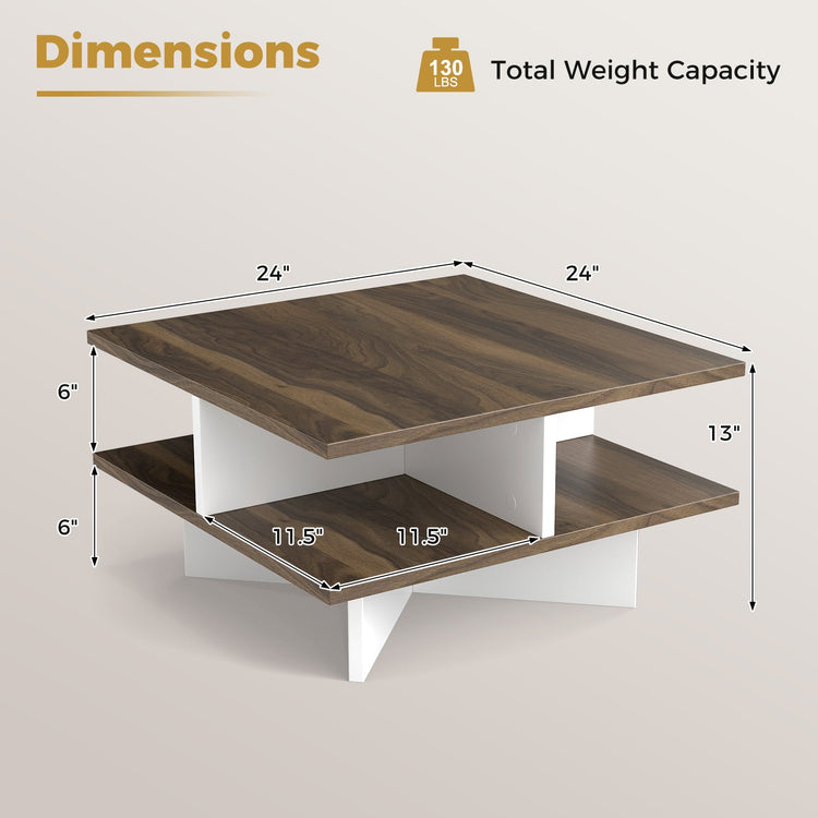 Square walnut 2-tier coffee table with storage compartments, featuring four open sections, perfect for living room organization.