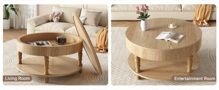 Round HouseOfZazla coffee table with lift-top dual storage, wood finish, ideal for living room organization and decor.
