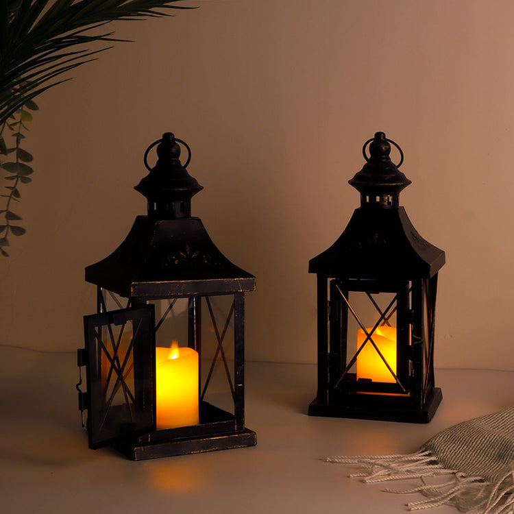 Black Candle Lanterns Set of 2 — 11" Metal and Glass Hanging Lanterns