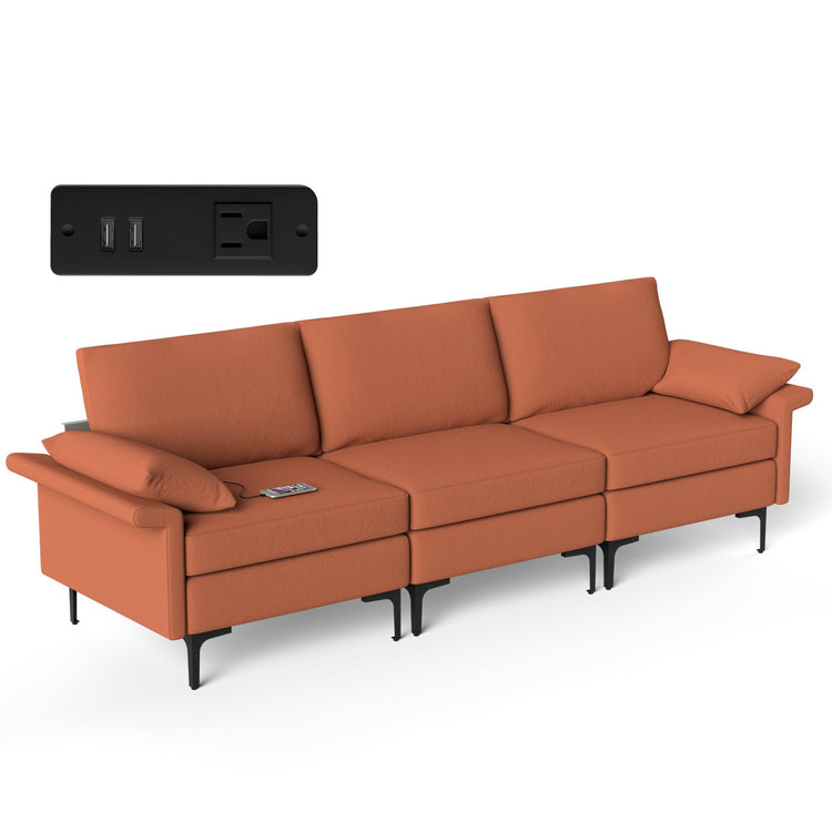 Large linen fabric 3-seat sectional sofa with metal legs, high-density cushions, and built-in USB ports for convenient charging.
