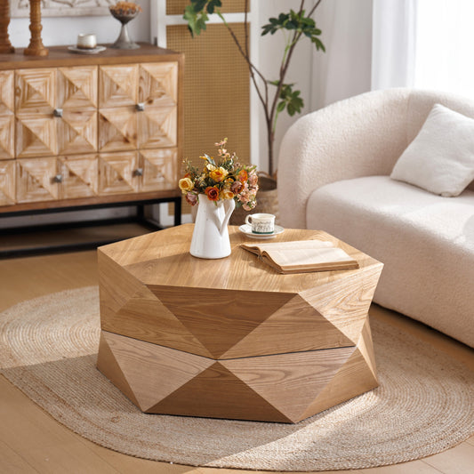Retro polygon flip top coffee table by HouseOfZazla featuring geometric wood design and built-in storage.