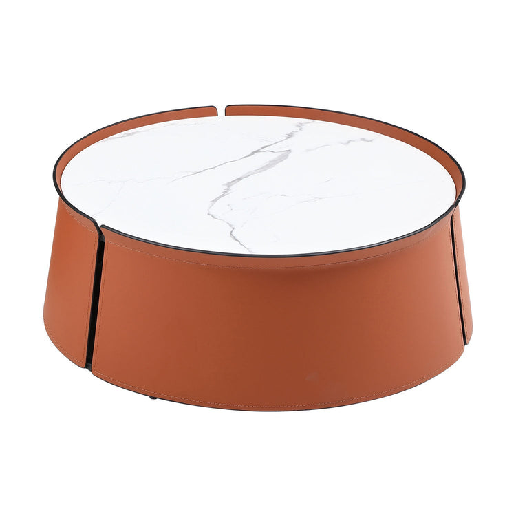 31.5-inch Luxe Coffee Table with Marble Top, Orange Saddle Leather, and Iron Frame – Modern Home & Kitchen