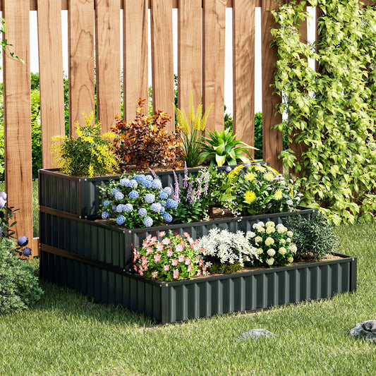 Black 3-tier metal raised garden bed with stackable planter boxes for outdoor gardening and vegetable or flower planting.