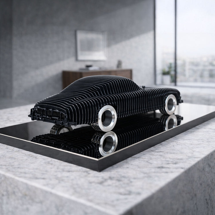 Handcrafted metal car sculpture by Modello Turbo featuring CNC laser-cut steel, aluminum alloy wheels, and a titanium stainless steel base.