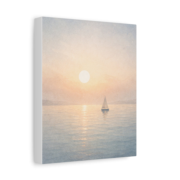 Sailboat sunrise canvas wall art featuring a coastal seascape with neutral tones, perfect for beach-themed decor.