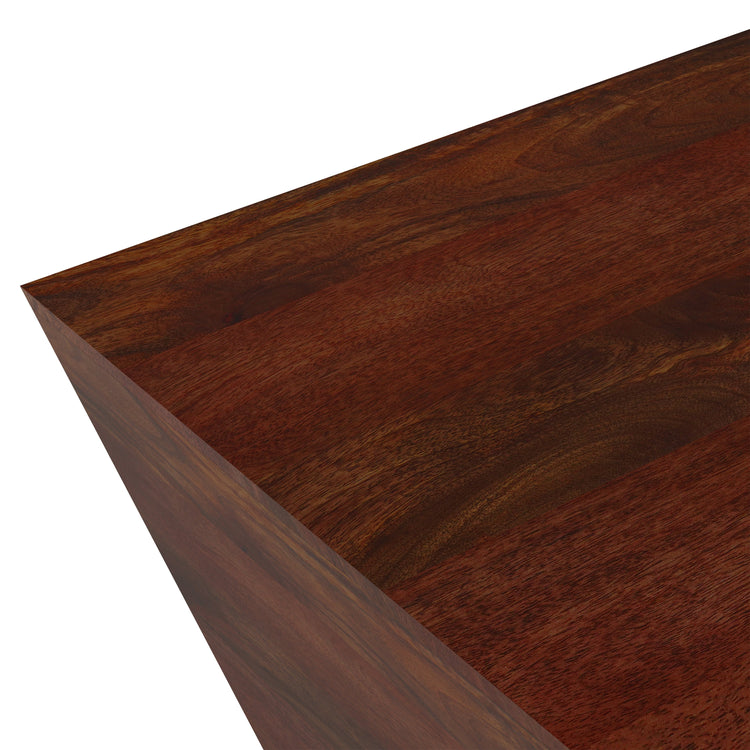 Square coffee table in cognac brown mango wood with modern design, by HouseOfZazla.