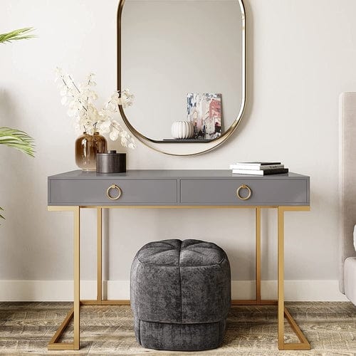 Elegant white vanity table with hidden mirror and storage drawers