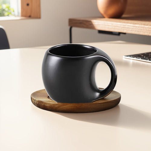 Black mug on a wooden coaster on a desk with a laptop in the background
