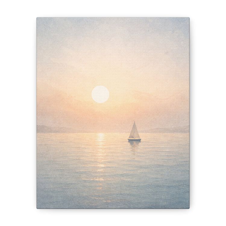 Sailboat sunrise coastal canvas wall art with neutral beach seascape print, featuring a serene maritime scene for coastal decor.
