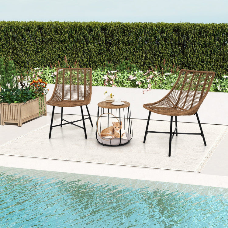 Three-piece outdoor rattan patio furniture set with two accent chairs and a side table in brown, perfect for outdoor relaxation.