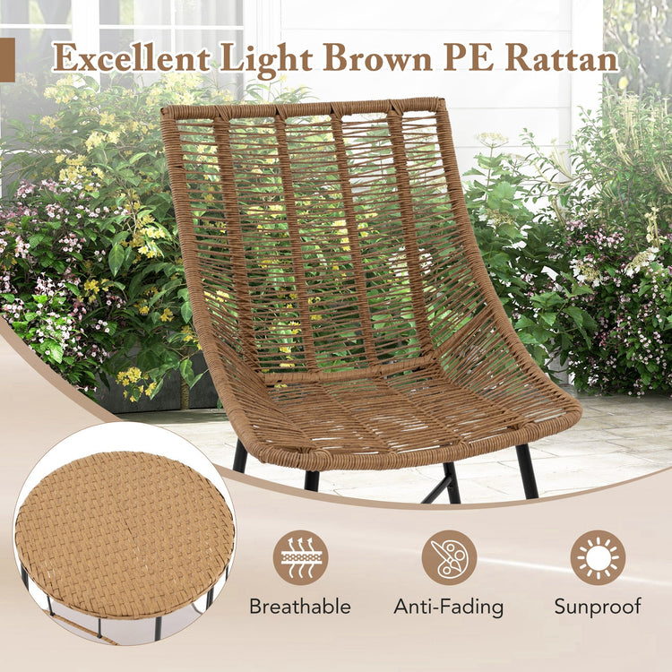 Set of three brown rattan outdoor accent chairs with matching side table, ideal for patio or garden relaxation.