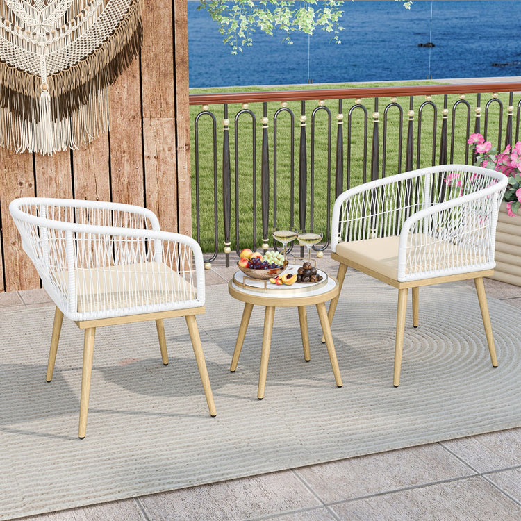 White outdoor wicker 3-piece conversation furniture set with compact seating for patio or garden.
