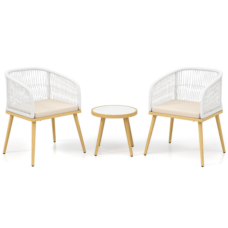 White outdoor wicker 3-piece furniture set with compact patio seating, including two chairs and a small table for outdoor relaxation.