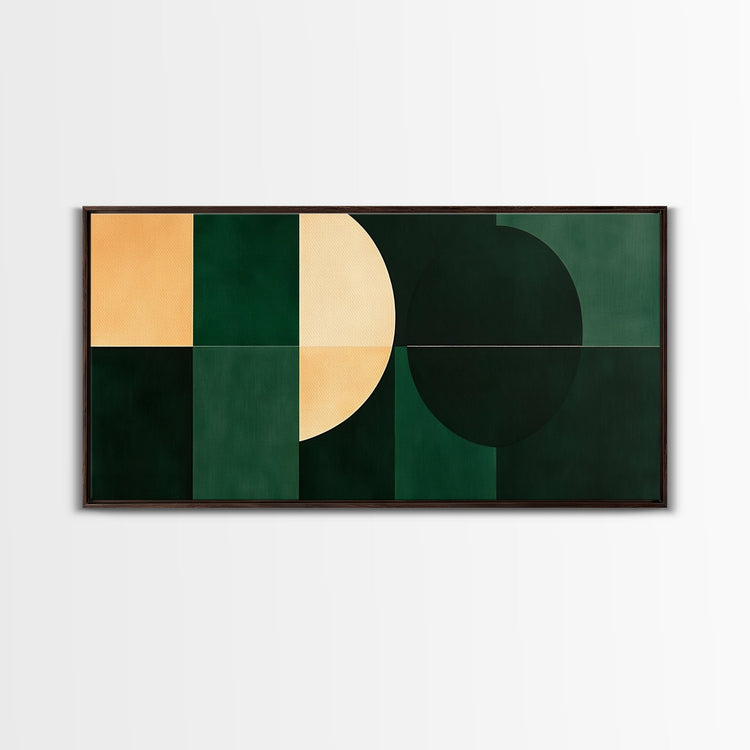 Emerald green geometric wall art by NuevArt, mid-century modern canvas print with walnut frame, abstract design for stylish decor