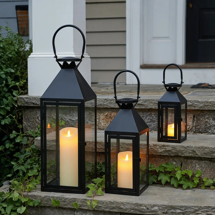 Candle Lantern Set of 3 — Iron and Tempered Glass Lanterns, 26", 19", 13"