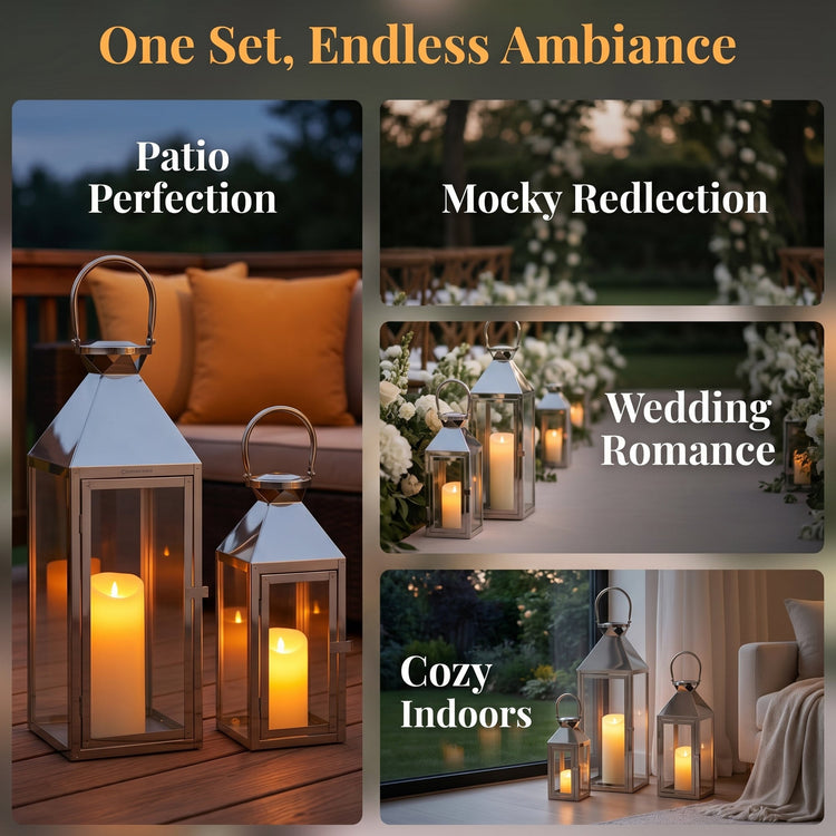Candle Lantern Set of 3 — Iron and Tempered Glass Lanterns, 26", 19", 13"