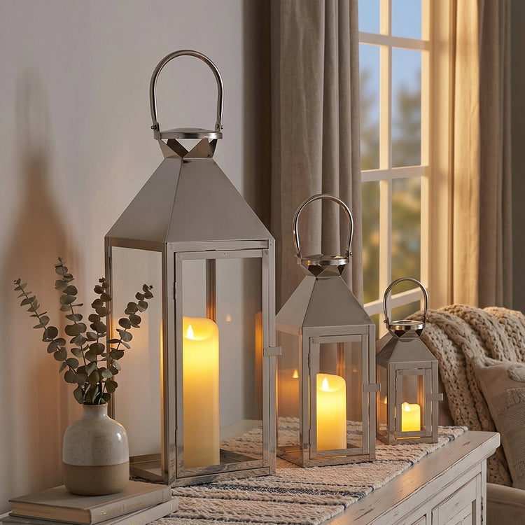 Candle Lantern Set of 3 — Iron and Tempered Glass Lanterns, 26", 19", 13"