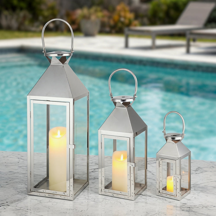Candle Lantern Set of 3 — Iron and Tempered Glass Lanterns, 26", 19", 13"