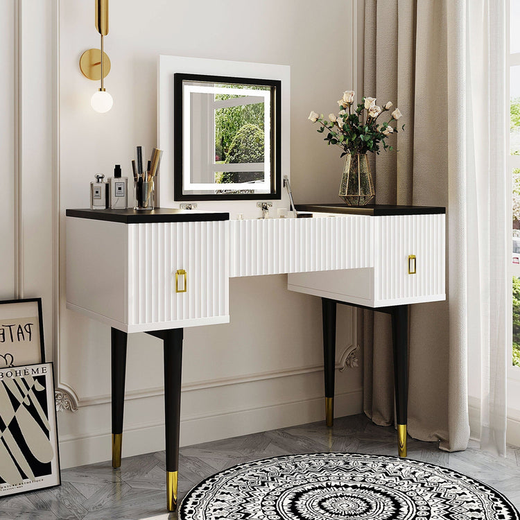 Black and white vanity table with LED mirror and two storage drawers