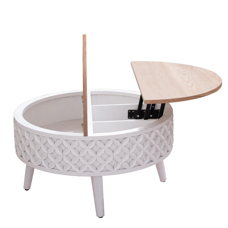 Boho farmhouse round lift-top coffee table with storage by HouseOfZazla, featuring a natural wood finish and functional design.
