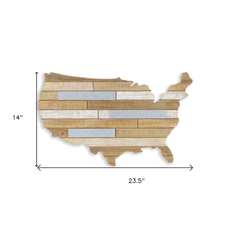 Wooden wall art in the shape of the United States with dimensions on a white background