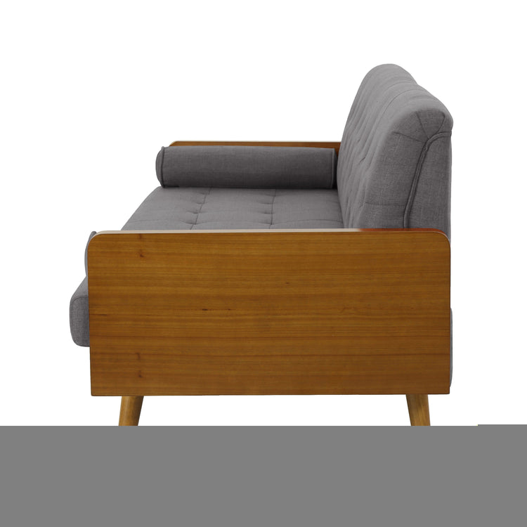 A grey fabric Aidan Mid Century Modern tufted sofa with cushioned back and armrests, stylishly designed for living room comfort.