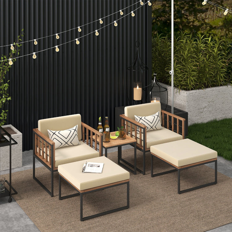 5-piece outdoor chair set with acacia wood seating, ottomans, and coffee table for patio furniture by DirectDeals.