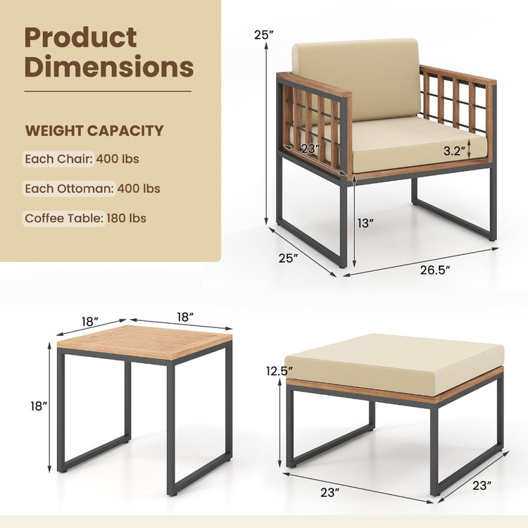 5-piece outdoor chair set with acacia wood, includes armchairs, ottomans, and a coffee table for patio seating.