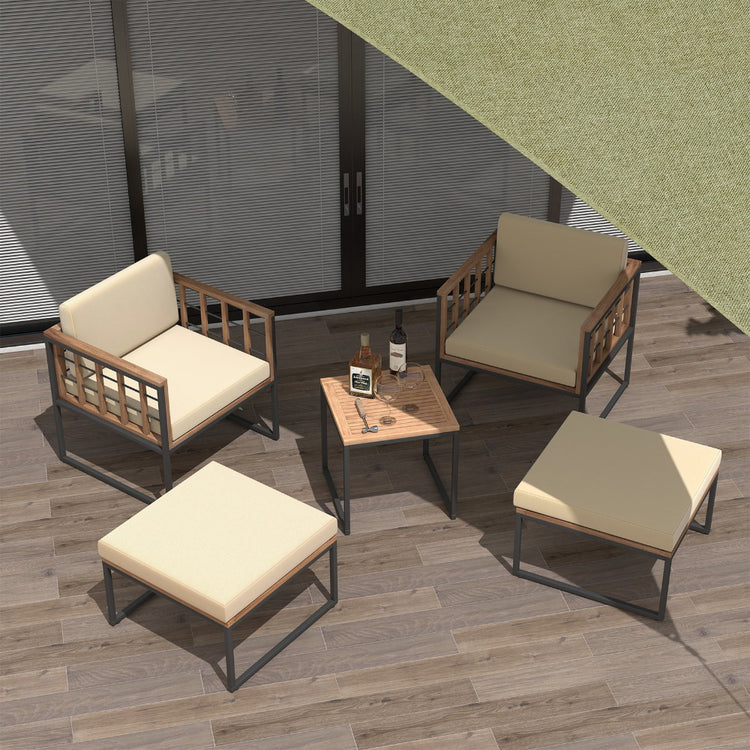 Five-piece outdoor chair set with acacia wood seats, ottomans, and coffee table for patio relaxation by DirectDeals.