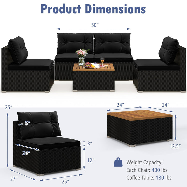 Black wicker outdoor chair set includes five stylish patio seats with cushions, perfect for outdoor dining and relaxation.