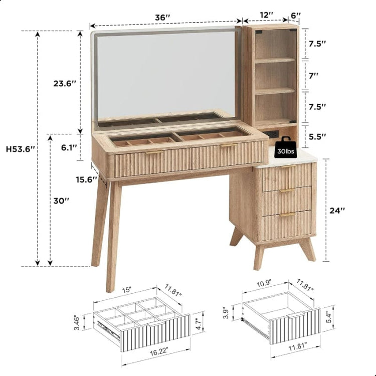 Modern 48-inch fluted makeup vanity with LED mirror and drawers