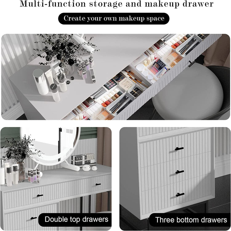 Minimalist white desk with five drawers and black metal accents