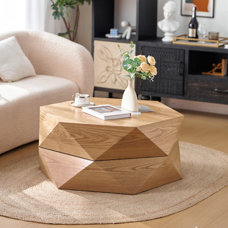 Retro Polygon Flip Top Coffee Table | Geometric Wood Coffee Table with Storage - Modern Home & Kitchen