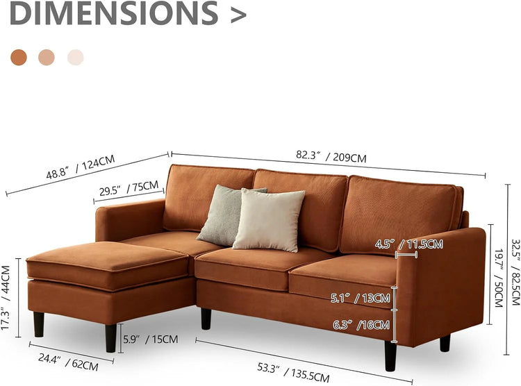 Canva Home Gareth corner modular sofa couch with 3 seats, convertible sofa bed in a modern living room setting