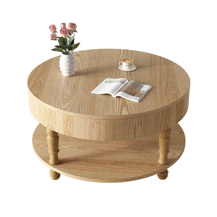 Round wooden coffee table with lift-top dual storage, perfect for living room decor and organization.