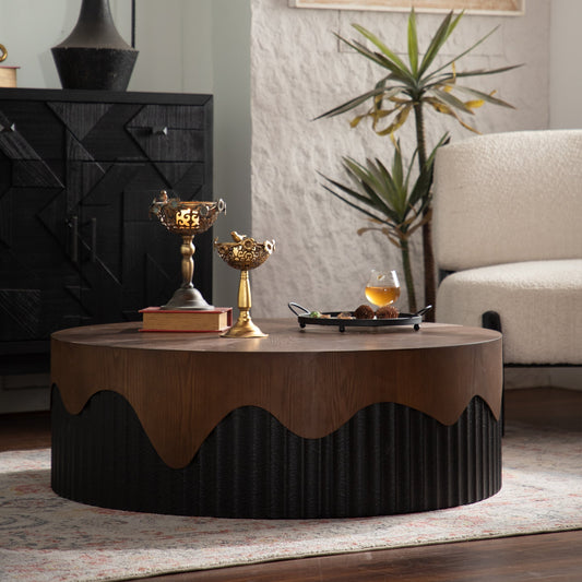 Modern walnut round coffee table with natural bark texture, stylish and sturdy for contemporary living spaces.