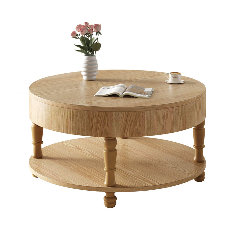 Round coffee table with lift-top wood surface and dual storage compartments, ideal for living room decor by HouseOfZazla.