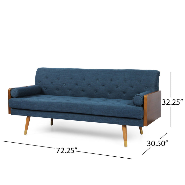 Grey Aidan Mid Century Modern tufted fabric sofa by HouseOfZazla, featuring a stylish stationary design with plush cushioning.